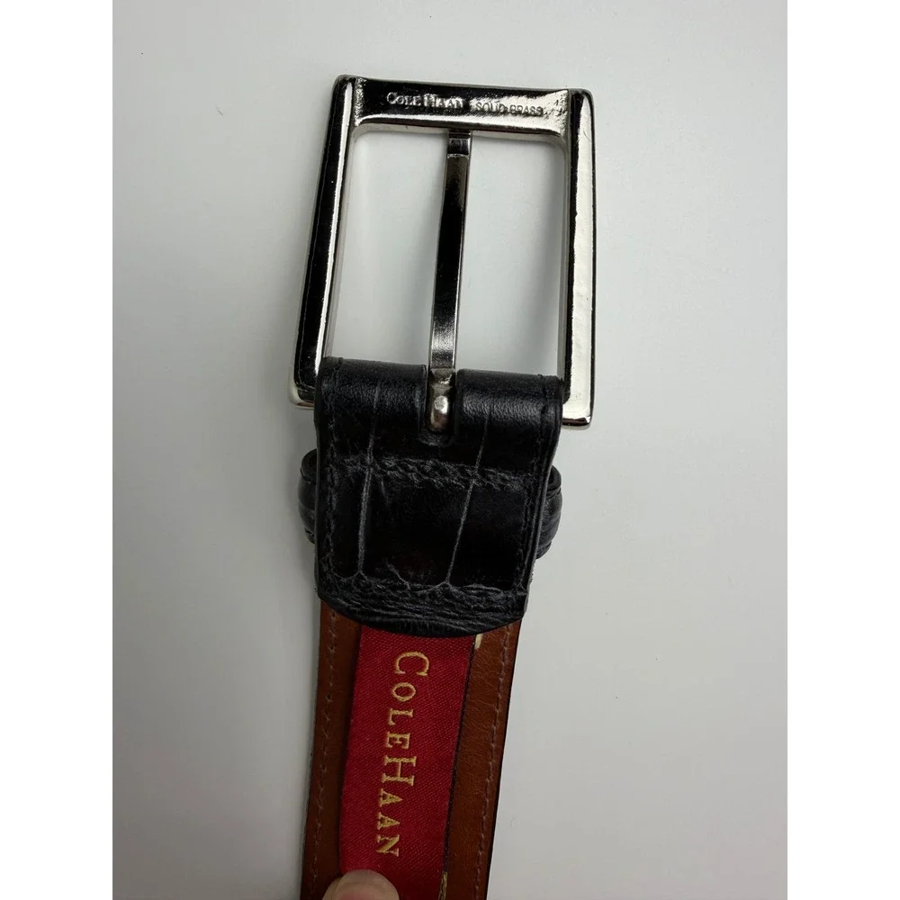 VTG Cole Haan Mens Leather Belt 36 Black Croc Embossed Solid Brass Buckle USA